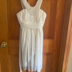 OFF WHITE, CREPE DRESS WITH BEADED NECKLINE EMBELLISHMENT, BACK ZIP